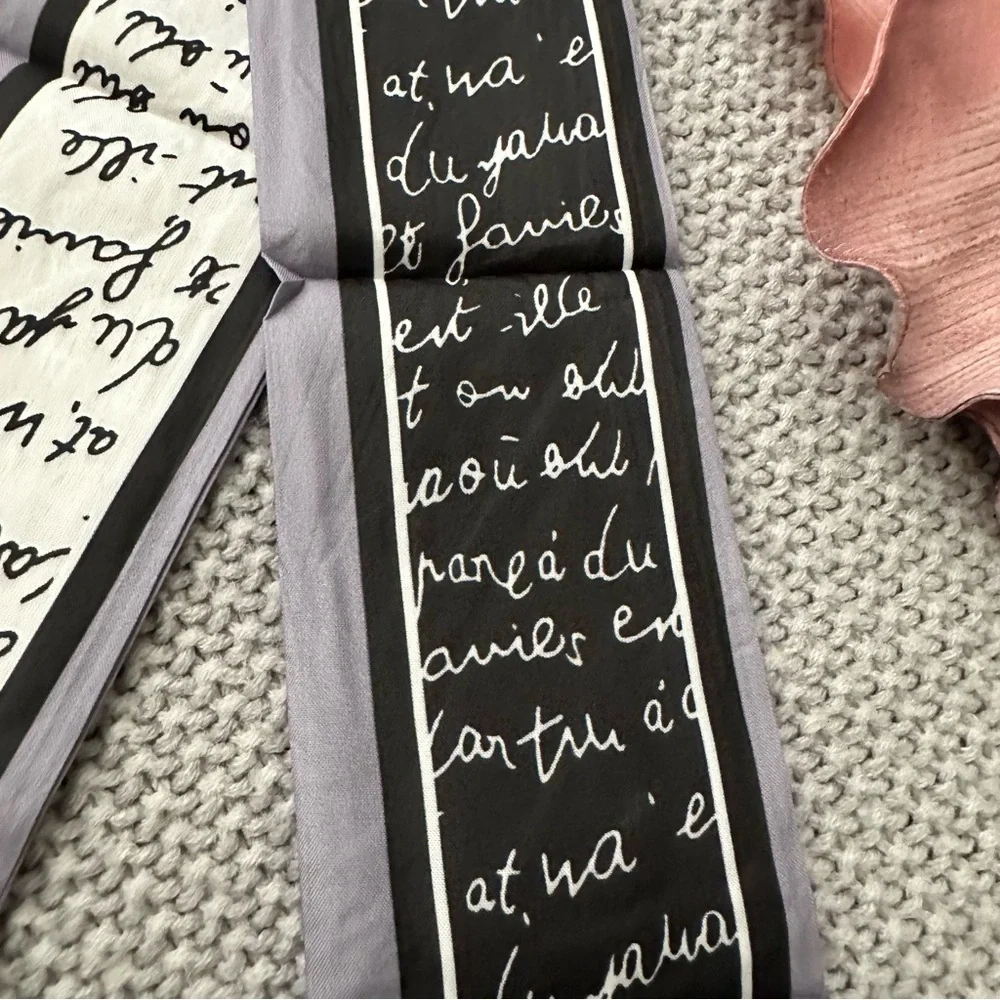 Black Grey French Script Print Hair purse skinny Scarf 3/$20